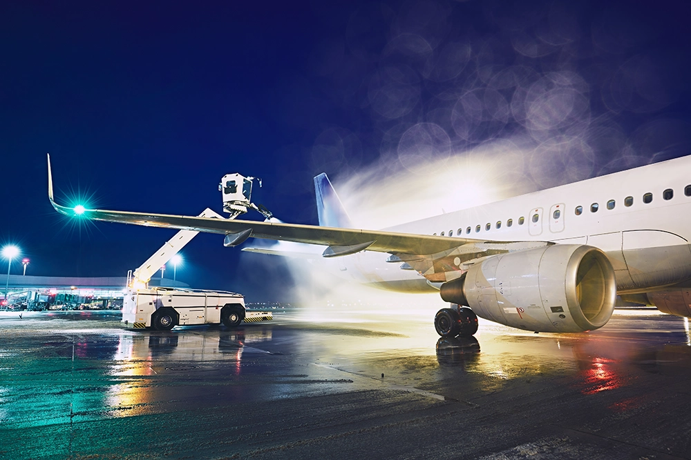 Deicing a plane at an airport at night